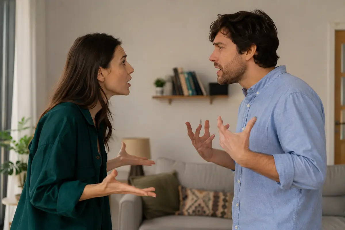Couple arguing in a living room, both gesturing in mid-conversation