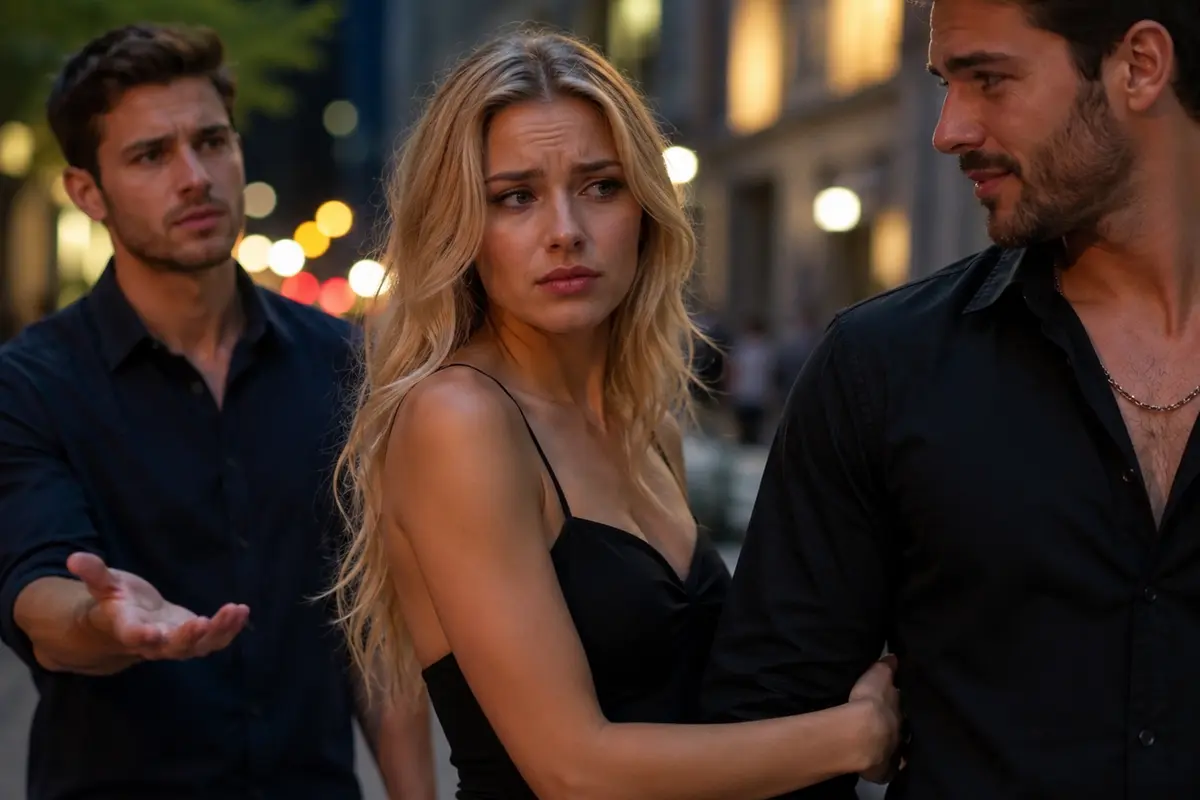 Woman caught between two men, looking conflicted on a city street at dusk